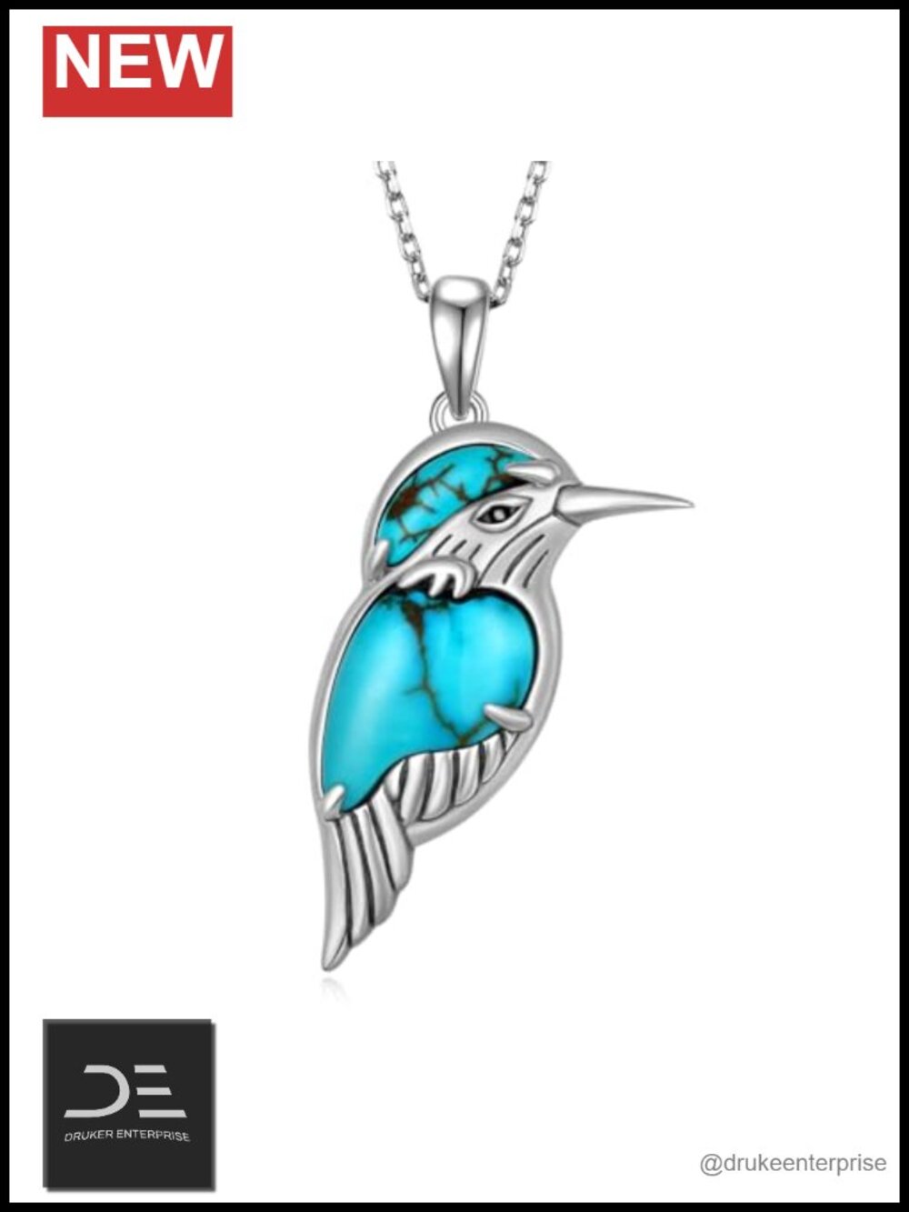 Genuine Turquoise 925 Sterling Silver Bird Pendant Necklace Boho Western